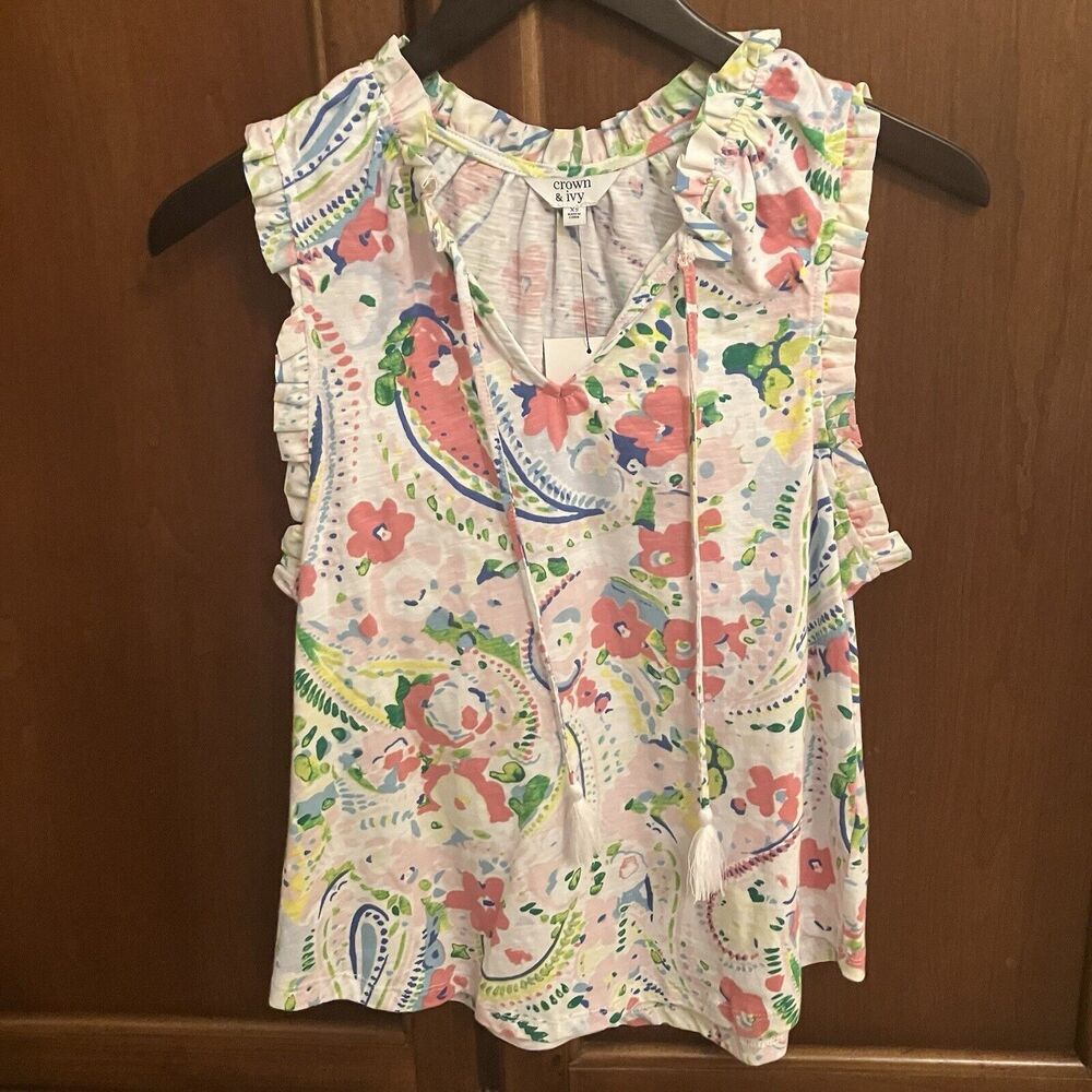 Crown & Ivy Womens XS Paisley Floral Ruffle Tassel Sleeveless Top NEW Resortwear